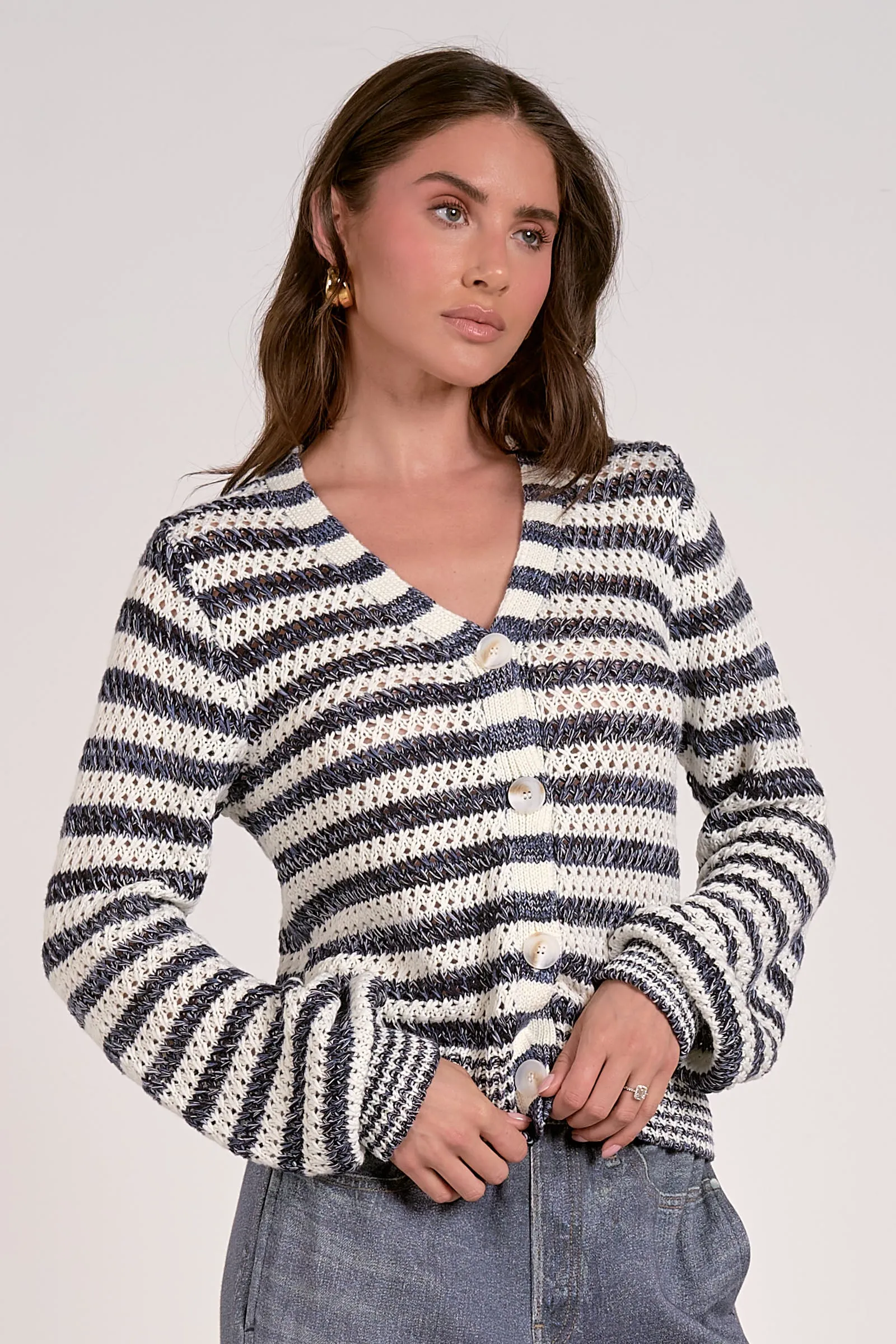 Cardigan Net Stripes Crochet Blue/White Fabiola