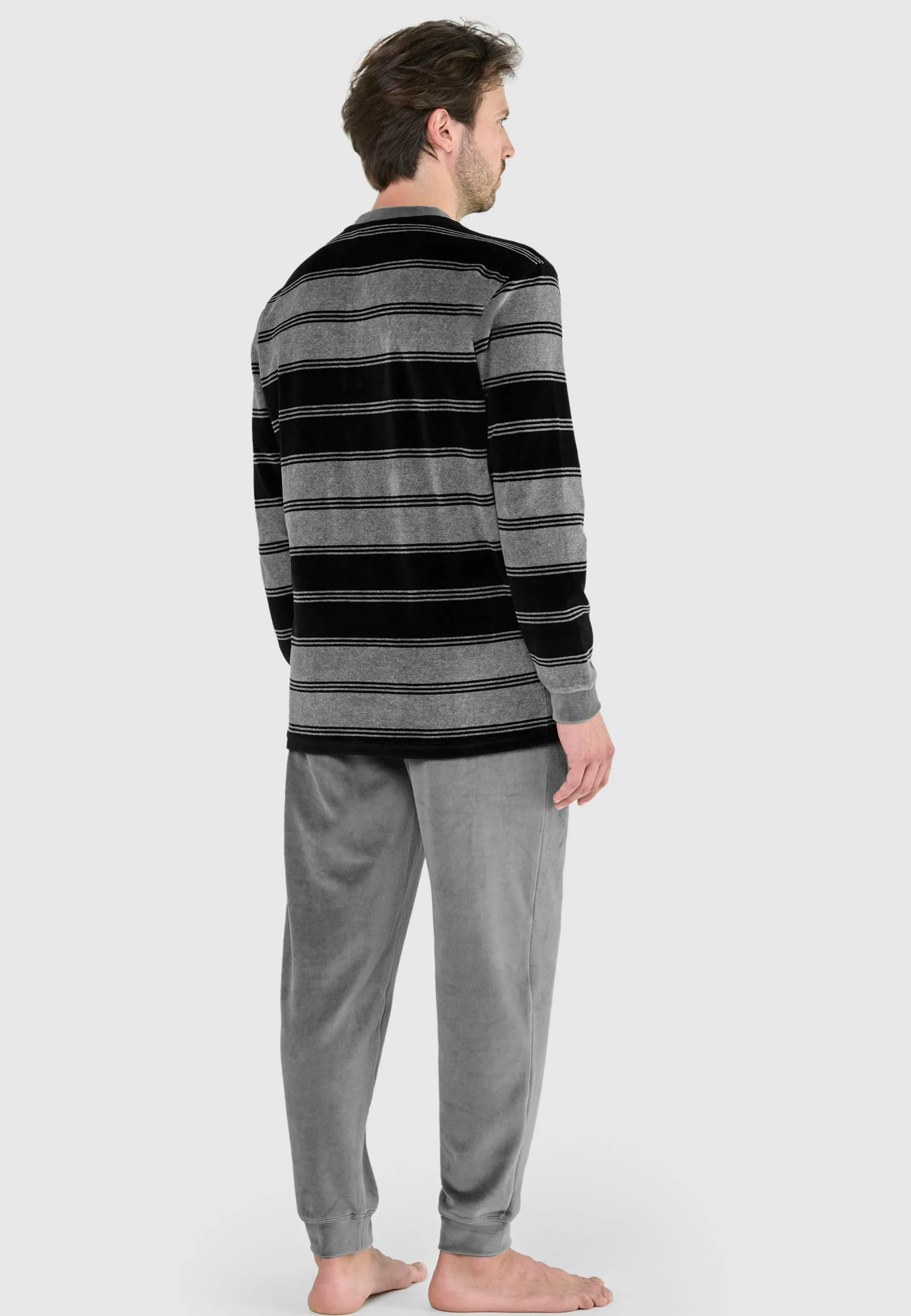 Pijama Hombre Invierno Terciopelo Rayas - Gris 5739_22