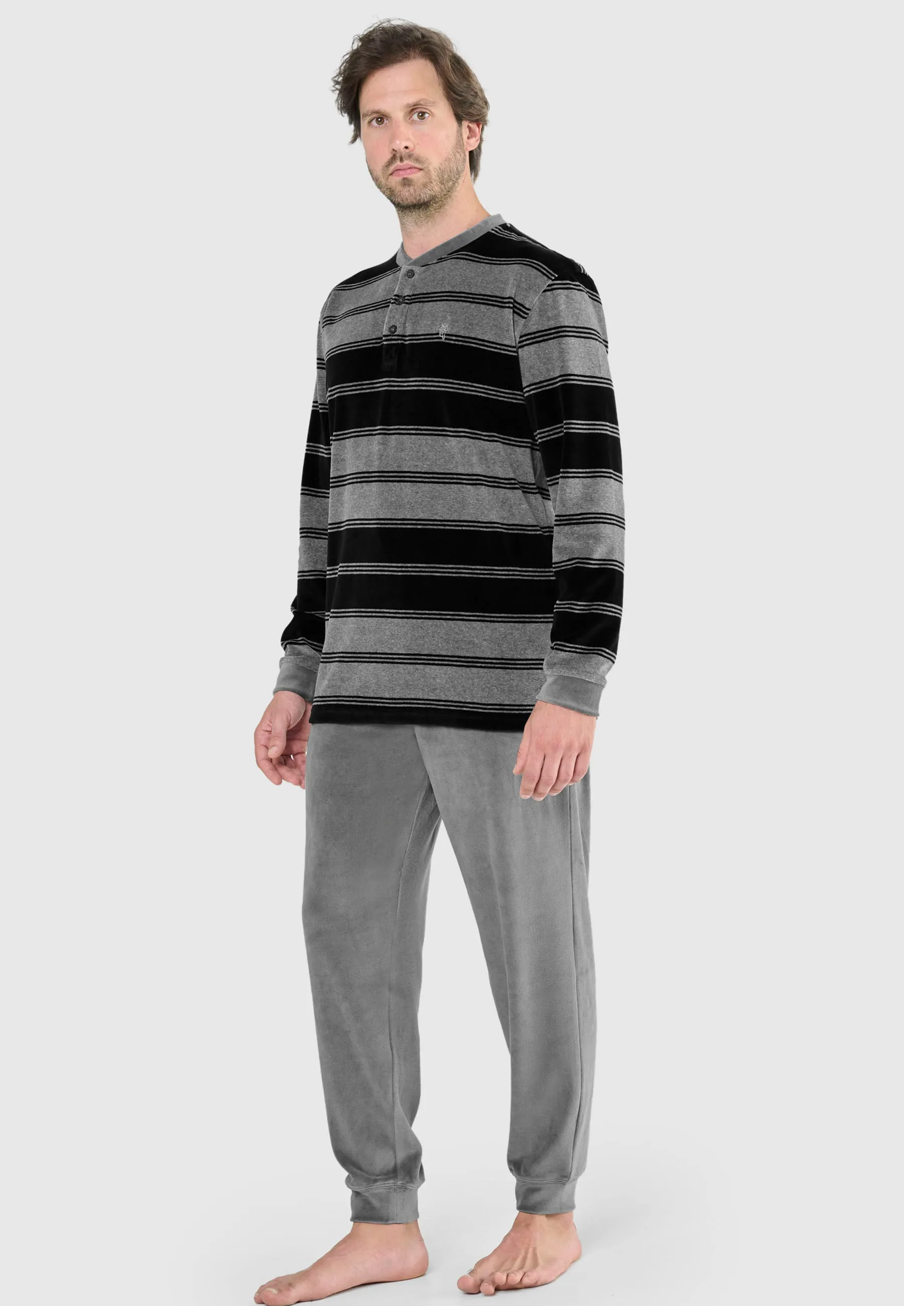 Pijama Hombre Invierno Terciopelo Rayas - Gris 5739_22
