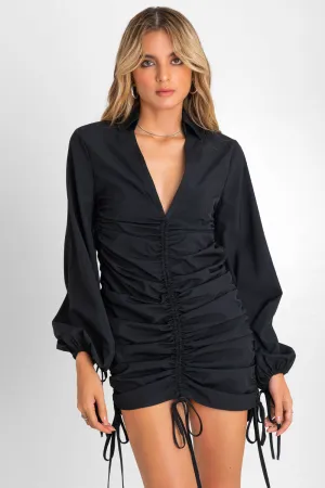 Vestido camisero plisado manga larga con jaretas