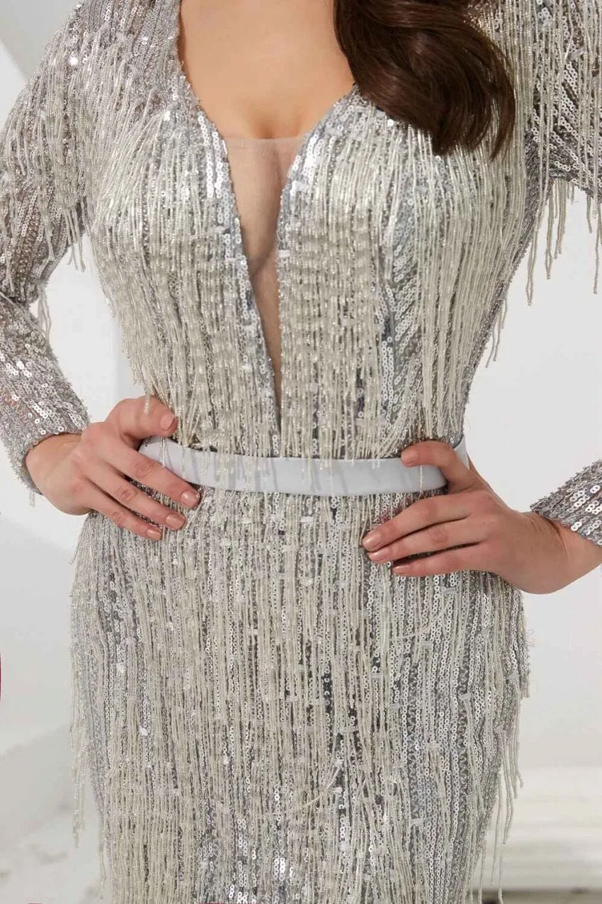 Vestido de Festa Cristais Prateado Luxo Longo com Decote - Modelo Especial